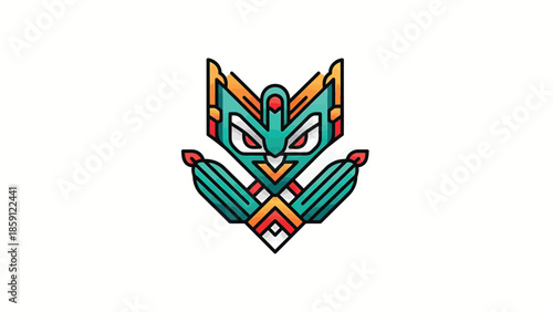 Intricate geometric design of a stylized totem with vibrant colors and sharp lines.