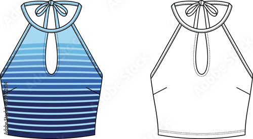 Fashion technical illustration of striped halter neck crop top with keyhole detail and tie closure front and back view