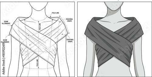 Fashion technical illustration showing cross draped wrap top construction with fold lines seam allowance and finished garment front view