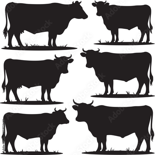 Collection of six cow silhouettes isolated on transparent background