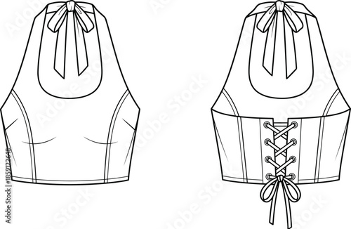Fashion technical line drawing of halter neck crop top with bow tie collar and corset lace up back design
