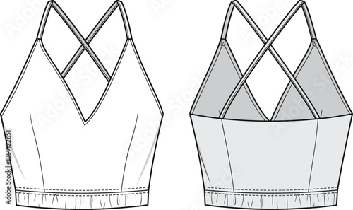 Fashion technical line drawing of crisscross strap crop top with elastic hem showing front and back view womenswear design