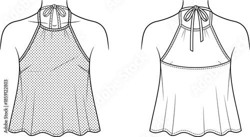 Fashion technical line drawing of halter neck sleeveless top with bow tie collar and flared hem front back view illustration