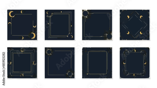 Set of 8 Celestial Gold Line Art Frames with Crescent Moons and Stars on Dark Blue Background
