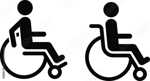 Wheelchair accessibility icon set showing disabled person symbols in modern flat silhouette style for accessibility signage and inclusive design