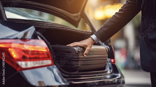 Wallpaper Mural Driver adjusting passenger's suitcase in trunk of sleek black car Torontodigital.ca