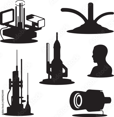 Collection of surveillance and communication devices silhouette illustration