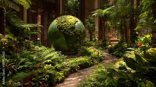 Lush indoor garden with a globe sculpture surrounded by vibrant greenery and a winding path