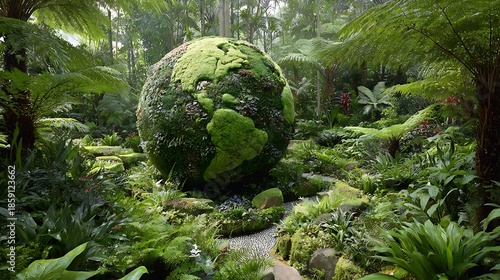 Lush garden scene with a moss-covered globe representing Earth, surrounded by plants
