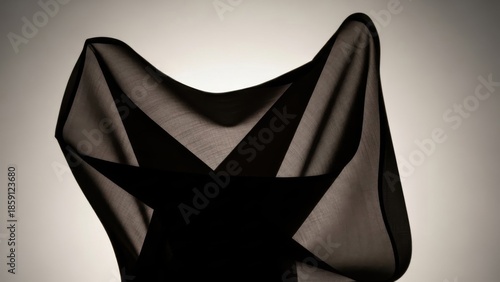 Dynamic dark fabric silhouette revealing intricate folds and translucent textures against a bright