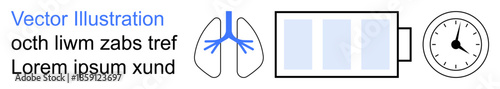 Health monitoring, time management, energy conservation, respiratory wellness, medical diagnostics, sustainable living. Battery, lungs and clock icons aligned creatively. Health monitoring and time
