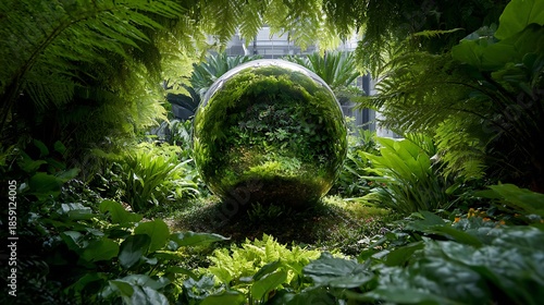 Lush, verdant sphere nestled amidst dense, vibrant foliage and ferns