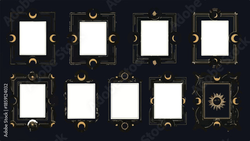 Mystical Ornate Dark Frames Collection with Golden Celestial Moon and Sun Motifs Illustration