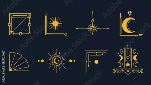 Golden Art Deco Vector Line Art Design Elements. Celestial Geometric Corners and Dividers.