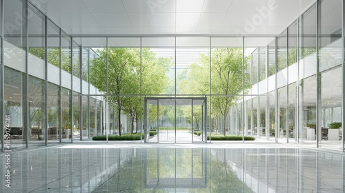 Modern glass office interior with long facade and lab space, one-point perspective