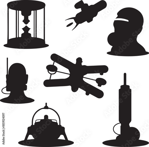 Collection of futuristic scifi icons and silhouettes isolated on transparent background