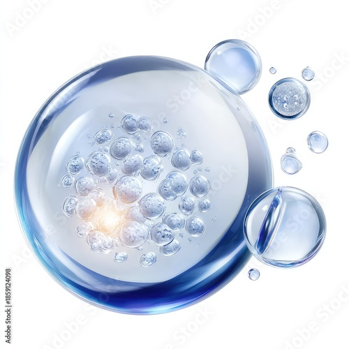 Abstract 3D render of cosmetic serum bubbles or science cells. Hyaluronic acid molecules for hydration concept. Isolated on black background.