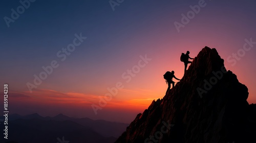 Silhouetted climbers on a rocky mountain peak at sunset, vibrant sky in background
