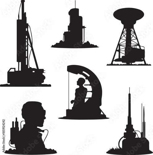 Silhouettes of industrial and communication equipment isolated on transparent