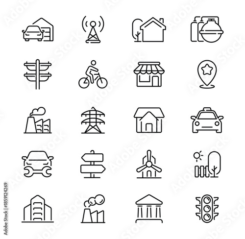 A comprehensive collection of urban and city line icons representing various elements of modern life.