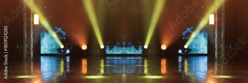 Theater and concert stage, colored smoke in stage light	