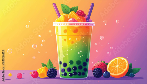 Colorful Fruit Boba Tea with Fresh Berries and Orange Slice.