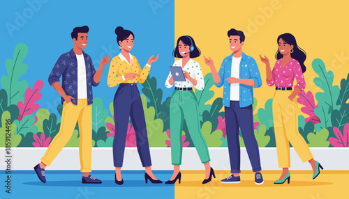 Diverse team collaboration with a customer service agent in a bright modern colorful environment