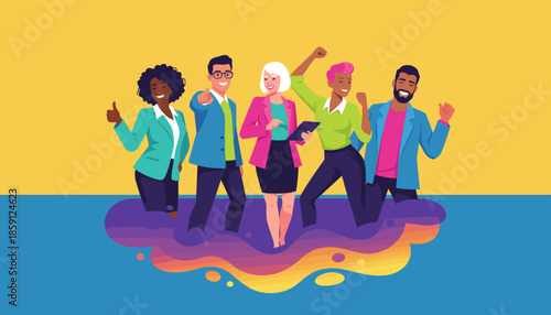 Diverse successful business team celebrating achievement and collaboration in a vibrant vector illustration