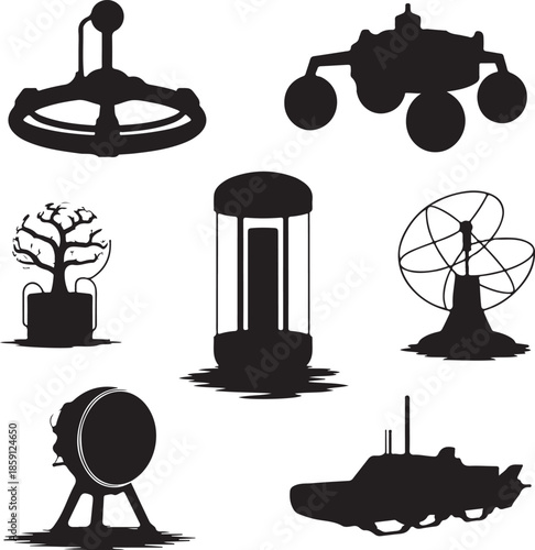 Collection of futuristic and scientific silhouette icons isolated on transparent background