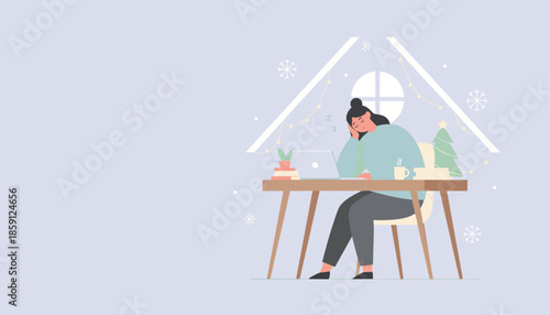 Tired woman sleeping at desk with laptop during winter holidays Remote work exhaustion