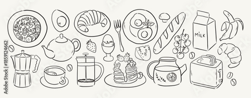 Hand draw whimsical sketch style breakfast elements. 