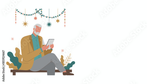 Senior man uses digital tablet while relaxing on a festive bench holiday technology and lifestyle concept
