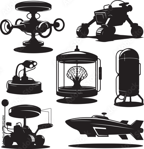 Futuristic scifi machines and robotic devices illustration set