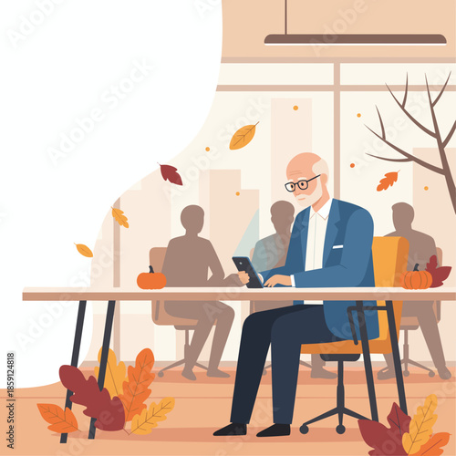Senior executive working with a tablet in an autumn office Business technology and fall concept