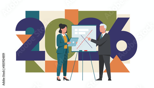 Business team presenting 2026 strategy on a whiteboard Financial planning and corporate goals