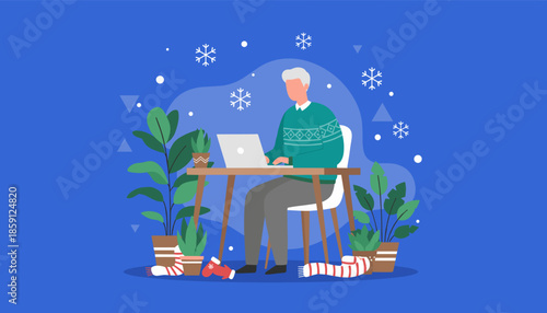 Senior working remotely on a laptop in a cozy plantfilled home office during the winter holidays