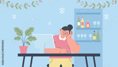 Stressed woman working on a computer at home during the winter holidays Holiday work burnout concept