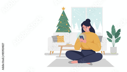 Crying woman looking at phone feeling lonely and depressed during the Christmas holidays