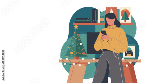 Casual woman uses smartphone in a festive room with a Christmas tree Holiday lifestyle and technology