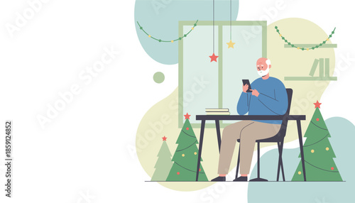 Senior man using smartphone at a festive desk connecting during the winter holiday season