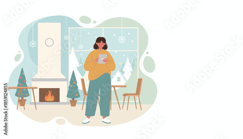 Woman uses tablet in a cozy room with fireplace and Christmas decor enjoying a snowy winter view