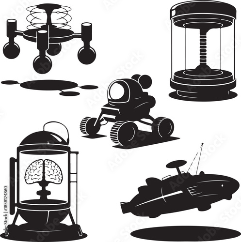 Futuristic robots and vehicles in scifi illustration set