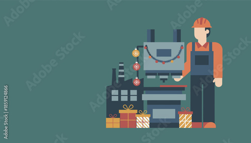 Industrial holiday celebration Factory worker decorated machinery and Christmas gifts