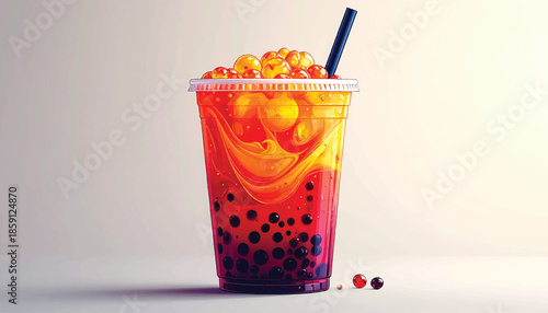 Colorful Bubble Tea with Boba and Fruit Toppings in a Clear Cup.