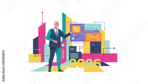 Confident executive presents futuristic smart city plan 2026 vision against a vibrant digital background