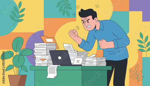Angry man overwhelmed by paperwork and excessive workload Burnout and job stress concept illustration