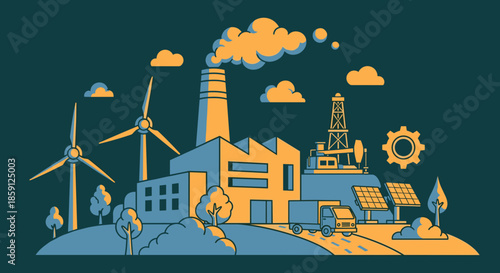 Industrial landscape mixing factory smoke oil drilling wind turbines and solar panels Energy transition concept