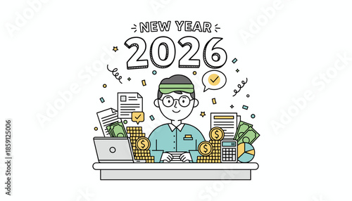 Financial planning for the New Year 2026 Businessman money documents and success goals illustration