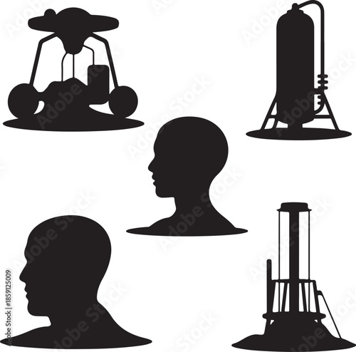 Silhouette collection of industrial equipment and human profiles isolated