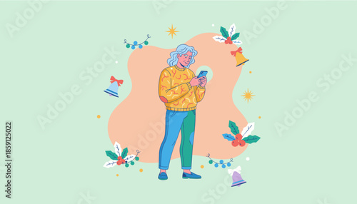 Senior woman uses smartphone surrounded by Christmas holly and festive bells Holiday communication concept